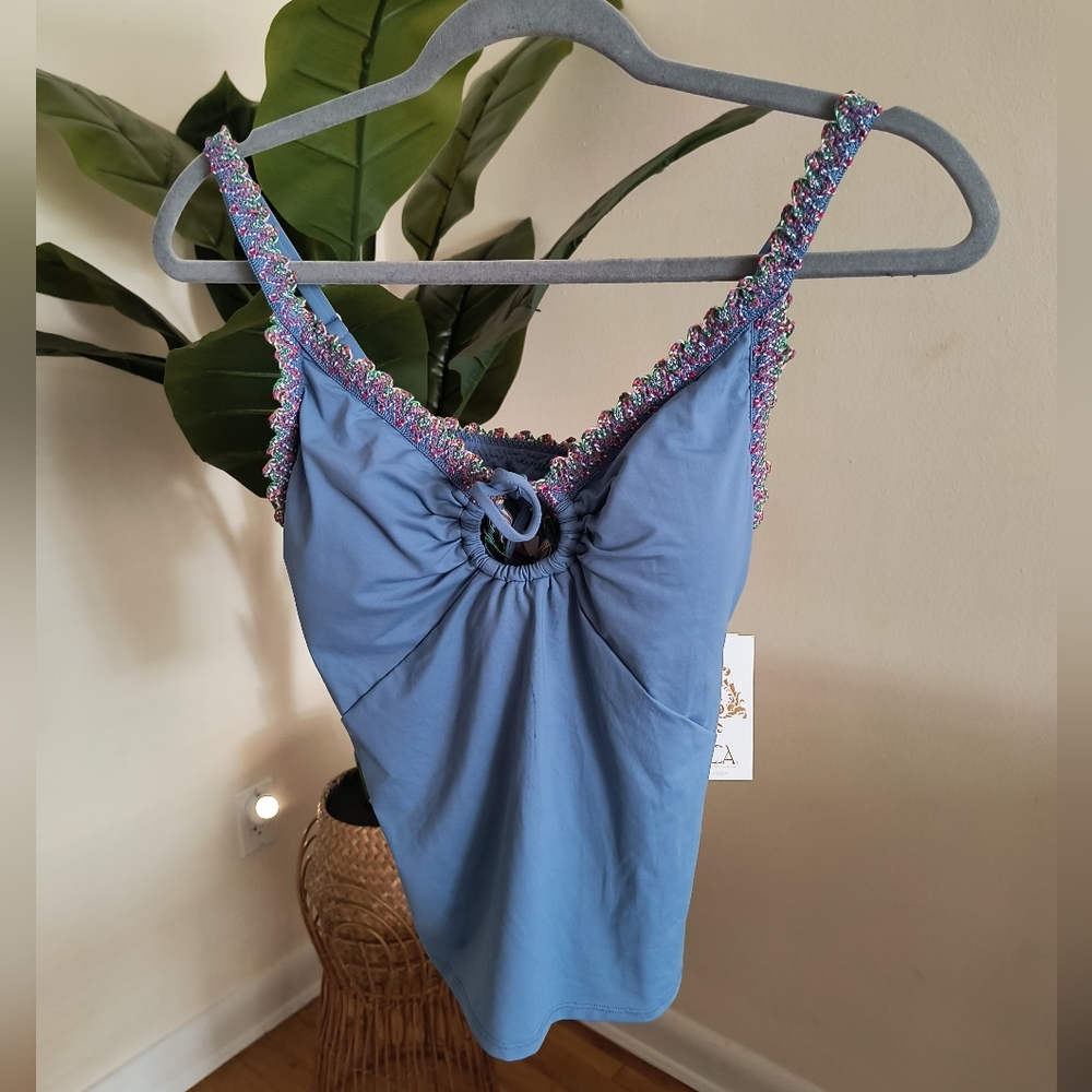 Becca Blue Pom Pom Mardi Gras Tie Front Tankini Swim Top Medium NEW